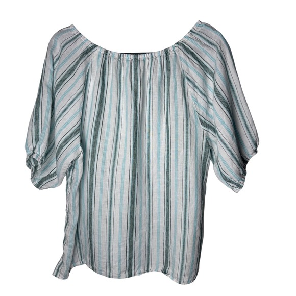 Talbots 100% Linen Striped Peasant Top L Teal Green Split V-Neck Boho Coastal - Picture 2 of 9